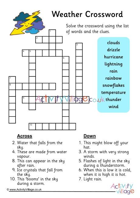 Weather Crossword Weather Crossword Word Puzzles For Kids Kids 