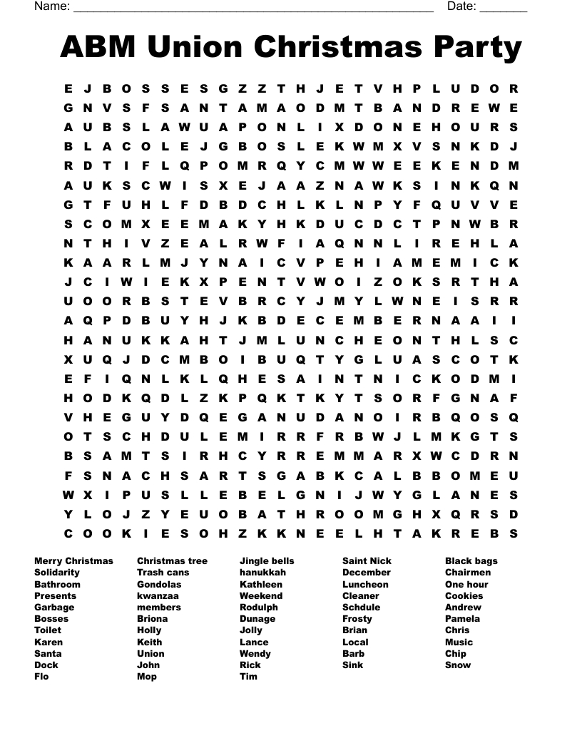 Abm Union Christmas Party Word Search - Wordmint inside Christmas Party Crossword Puzzles