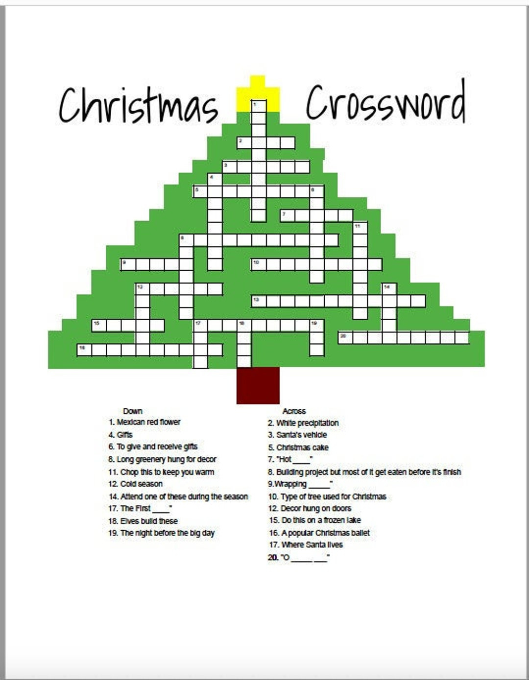 Christmas Crossword - Etsy throughout Christmas Tree Crossword Puzzles Answers