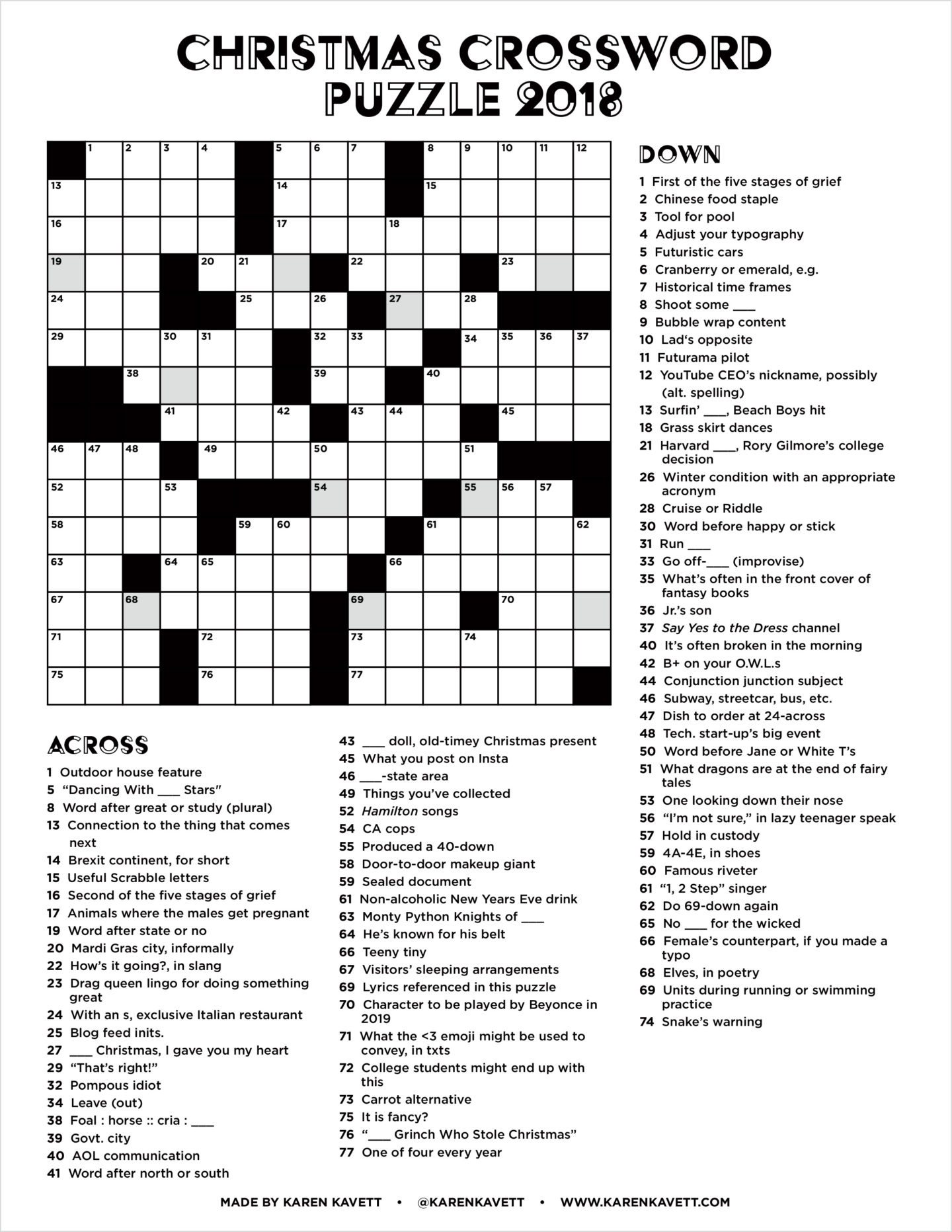 Christmas Crossword Puzzle 2018 - Karen Kavett for Printable Christmas Crossword Puzzles With Answers