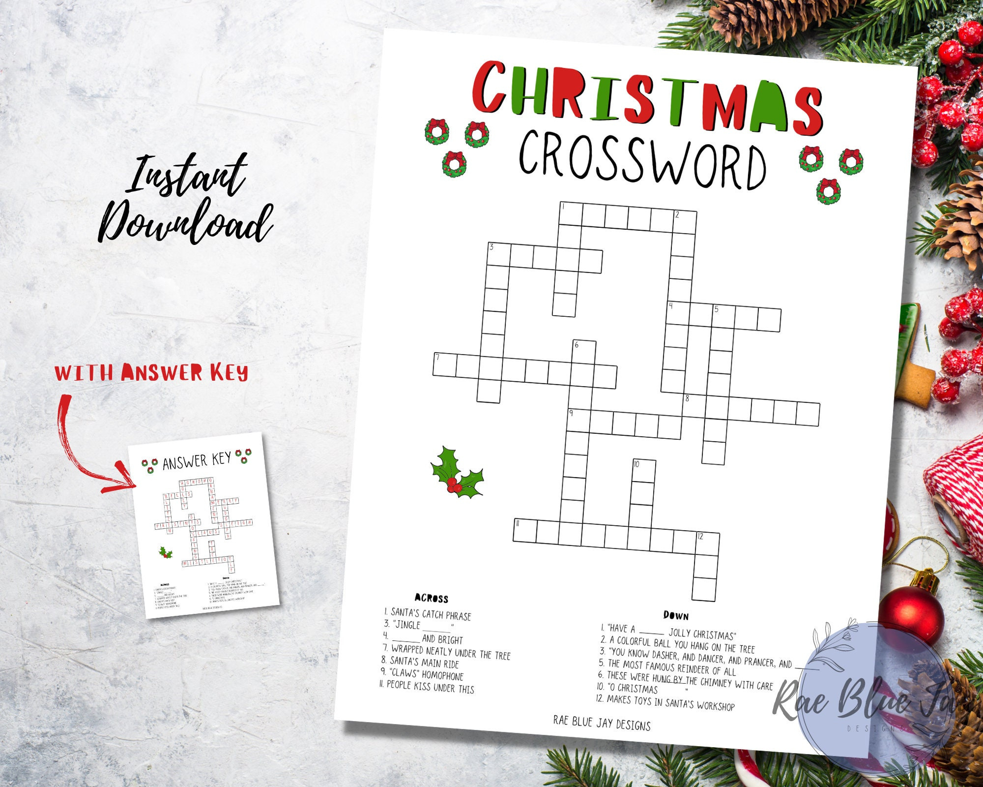 Christmas Crossword Puzzle Printable, Instant Download Kids for Christmas Decorations Crossword Puzzles Answer Key