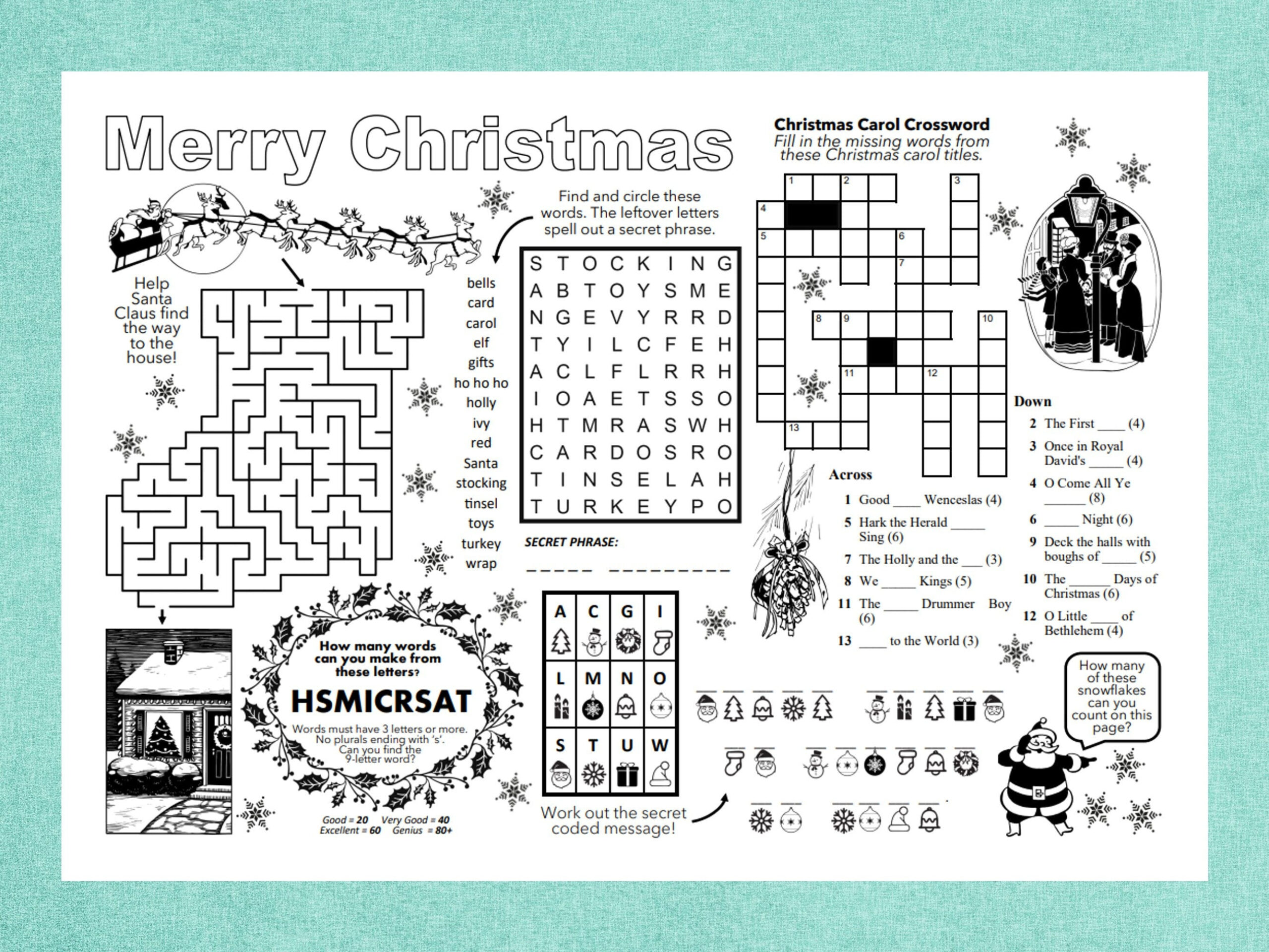 Christmas Puzzle Placemat, Pdf, Crossword Puzzles, Activity Sheet for Literary Crossword Puzzles a Christmas Carol