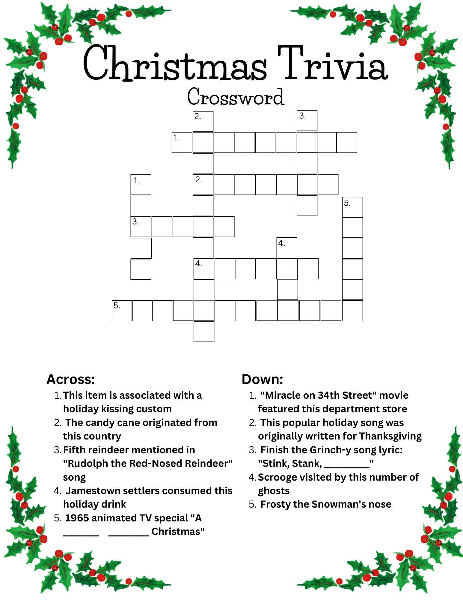 Christmas Trivia Crossword - Etsy regarding Christmas Trivia Crossword Puzzles