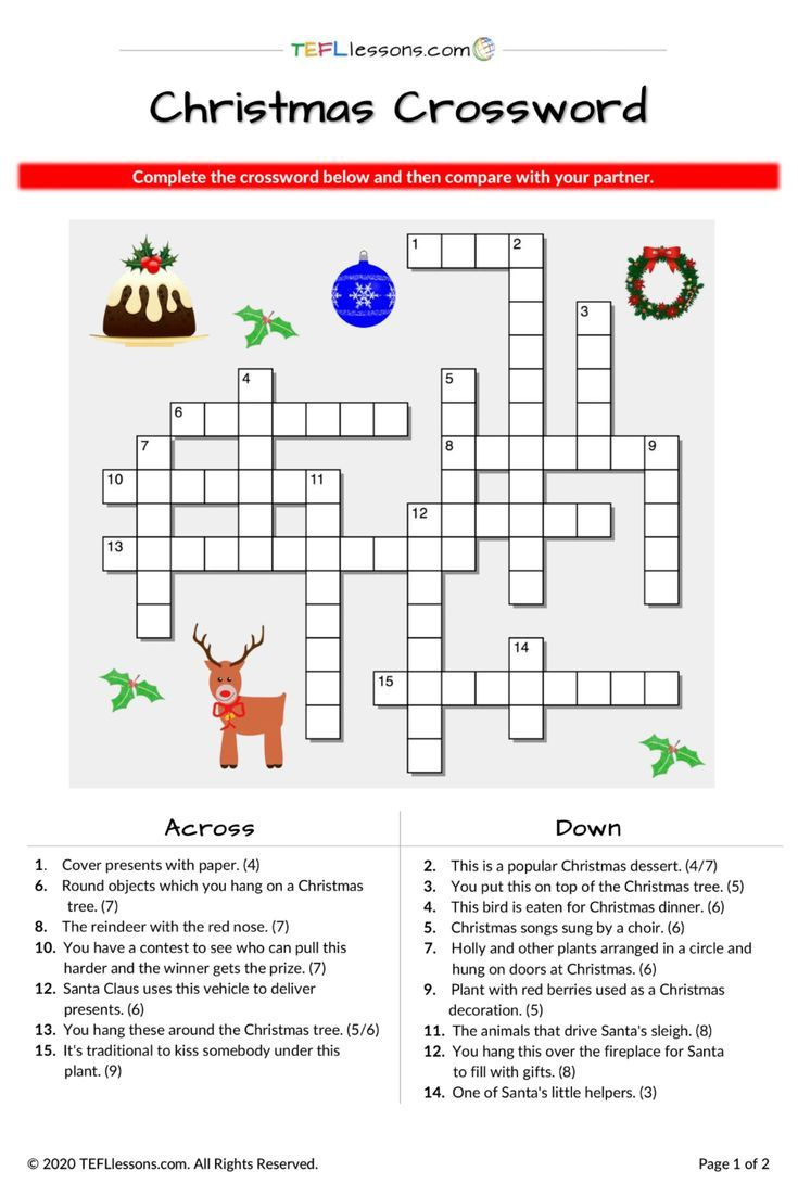 Free Christmas Crossword For Esl Classes + Fillable Version For for Online Christmas Crossword Puzzles For Adults