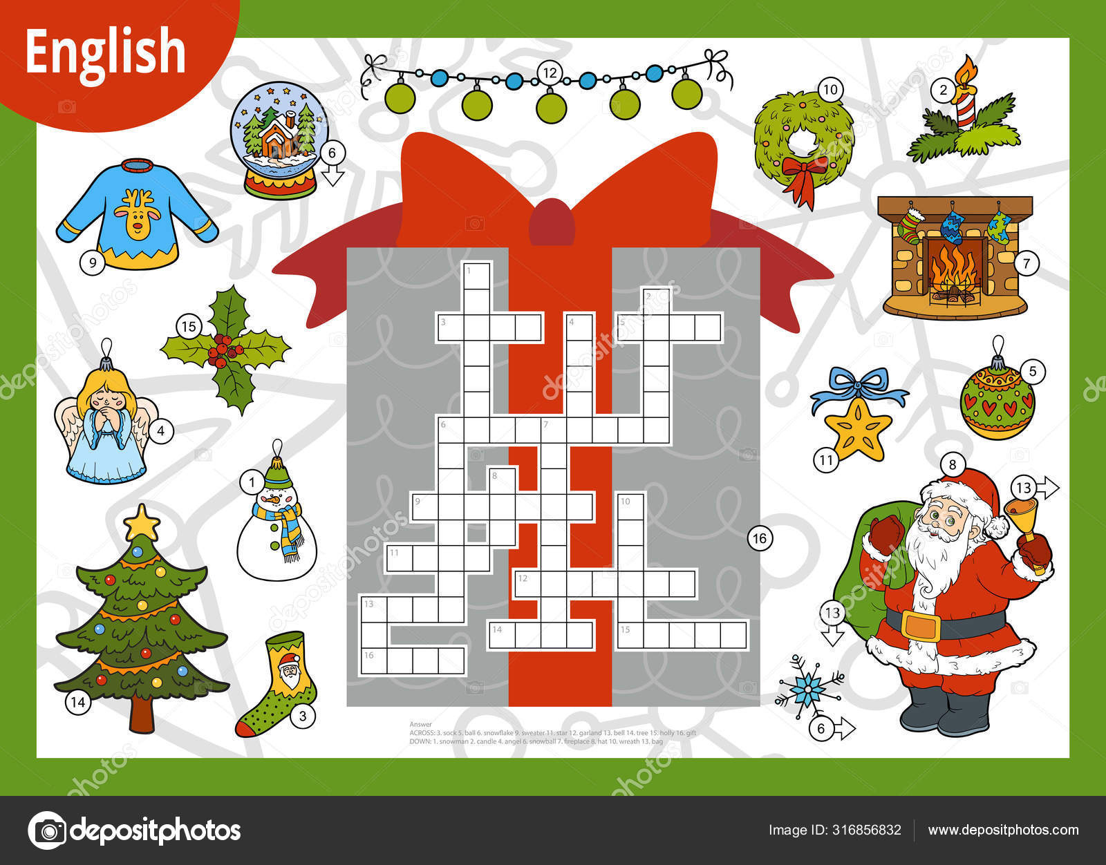 Vector Crossword In English, Education Game For Children. Santa in Education Com Christmas Crossword Puzzles