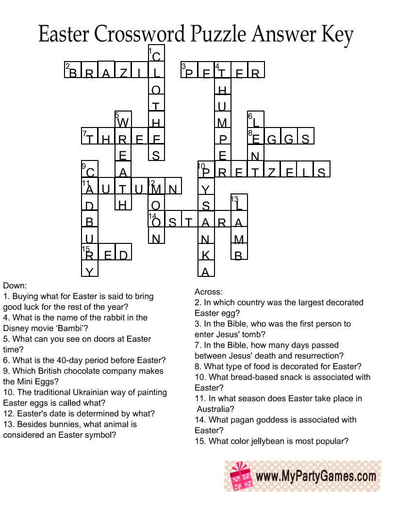 Free Printable Easter Crossword Puzzle With Key throughout Happy Easter Crossword Puzzles Answers