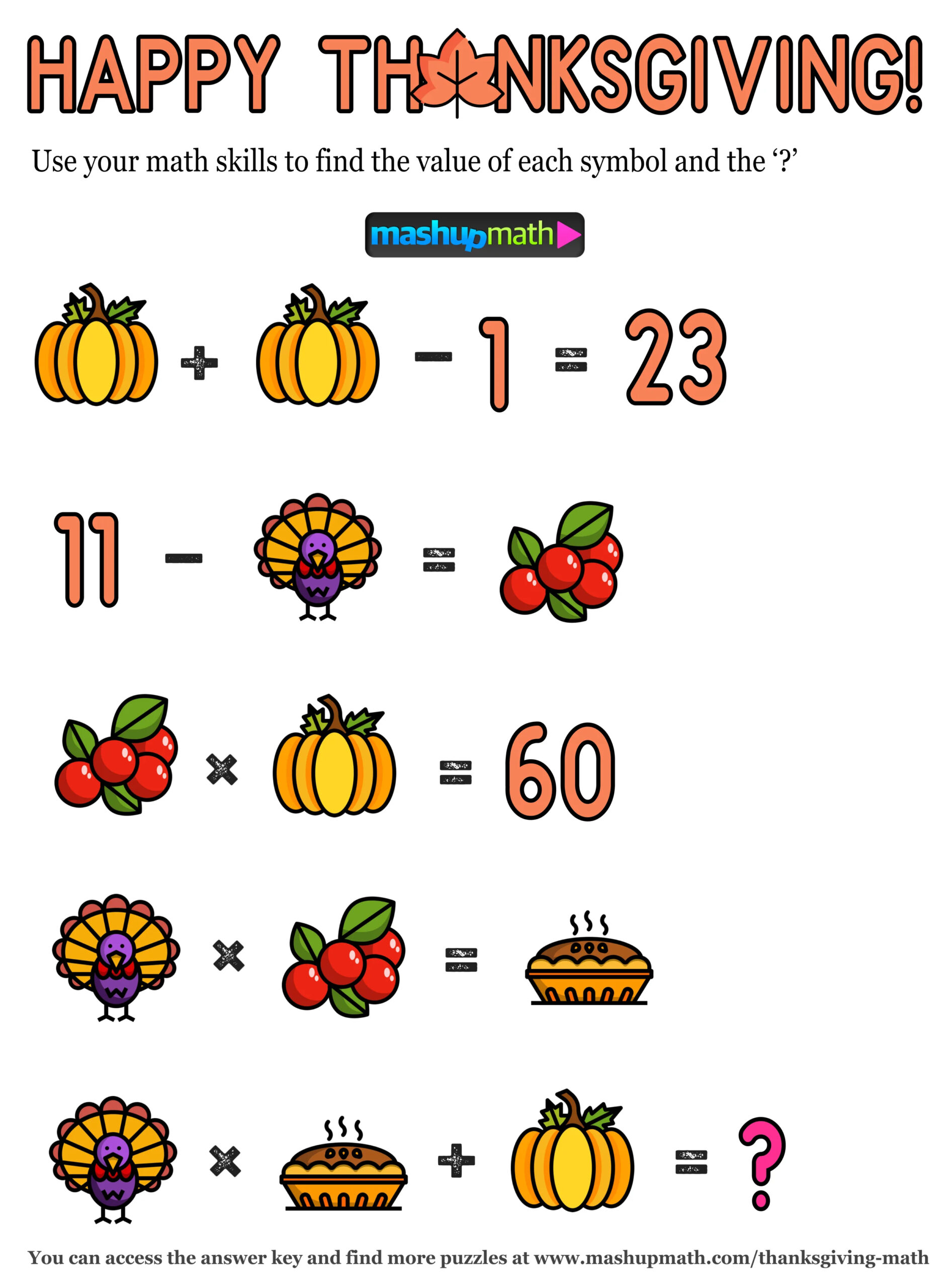 12 Thanksgiving Math Activities For Grades 1-8 — Mashup Math throughout Thanksgiving Feast Time Logic Puzzle Answers