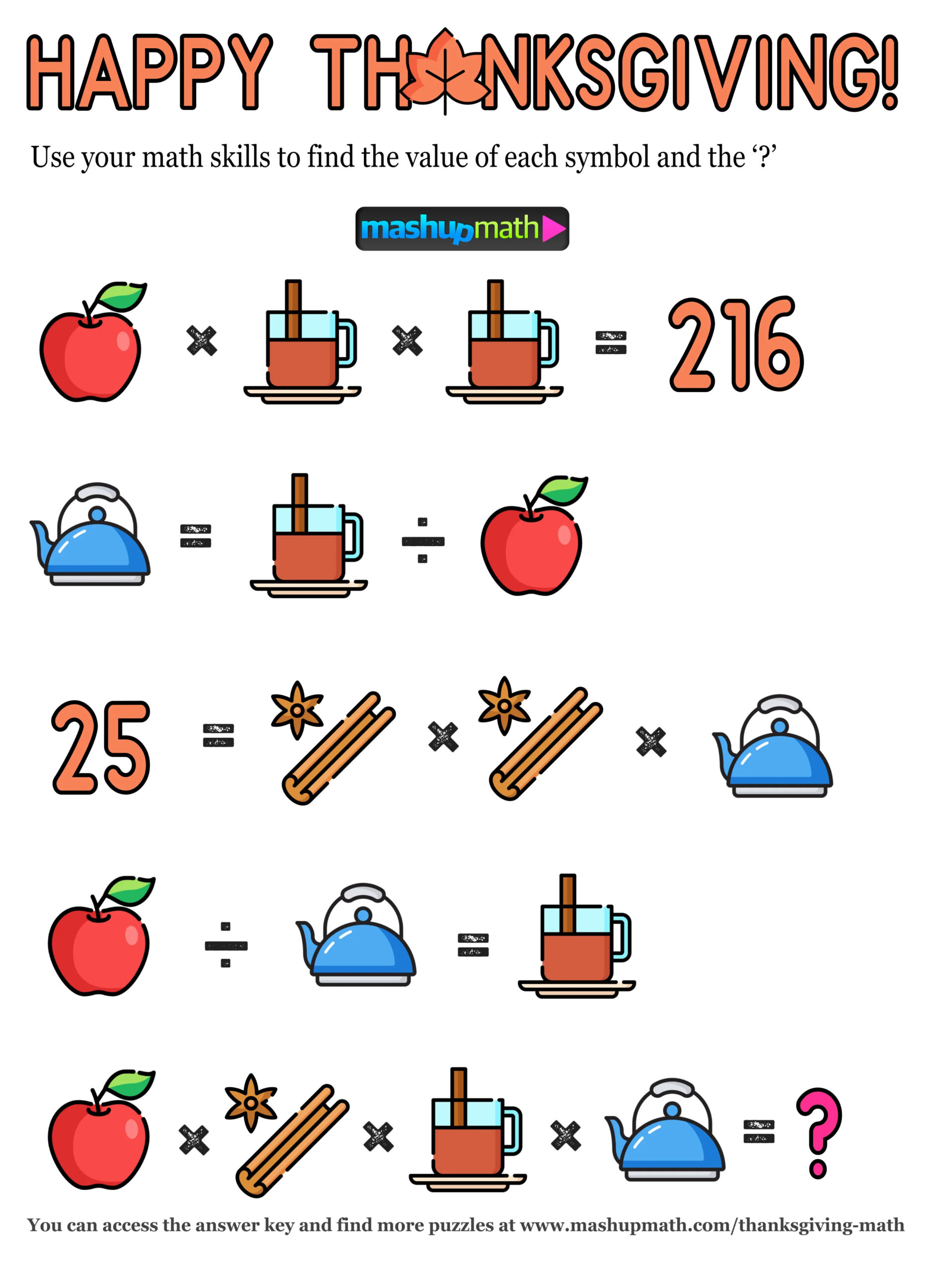 12 Thanksgiving Math Activities For Grades 1-8 — Mashup Math with Math Puzzles Thanksgiving