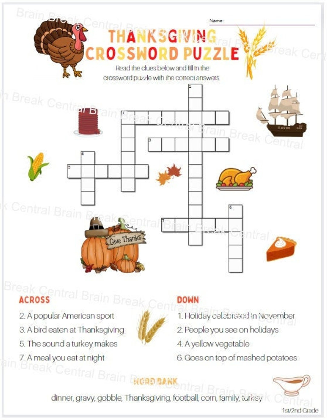 1St Grade Thanksgiving Crossword Puzzle With Word Bank And Answer regarding Thanksgiving Crossword Puzzle Worksheet Answer Key