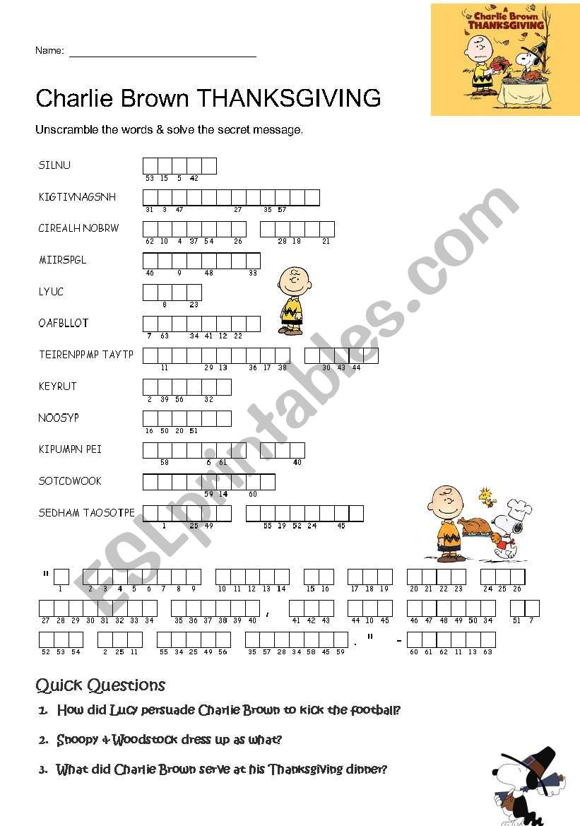 Charlie Brown Thanksgiving - Esl Worksheetgaijin101 with Charlie Brown Thanksgiving Puzzle