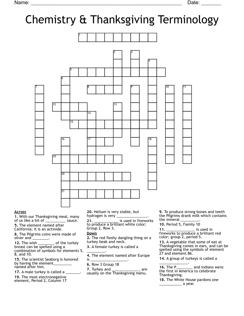 Chemistry &amp;amp; Thanksgiving Terminology Crossword - Wordmint throughout Thanksgiving Element Puzzle