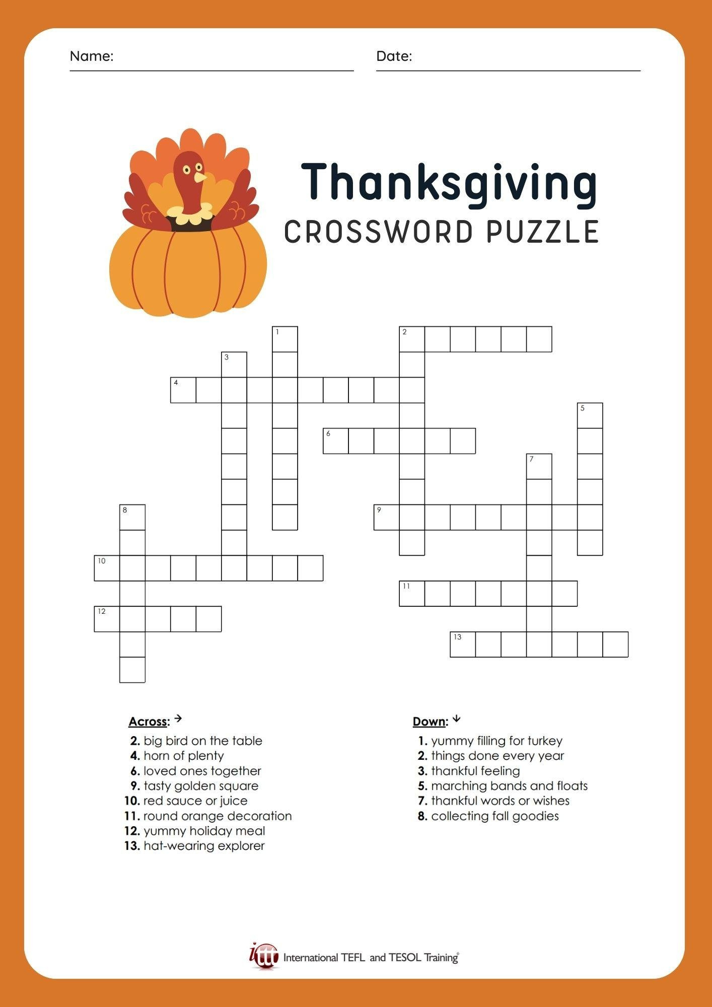 Efl Thanksgiving Vocabulary Crossword Puzzle | ✔ ✔ ✔ Ittt intended for Thanksgiving Vocabulary Puzzle