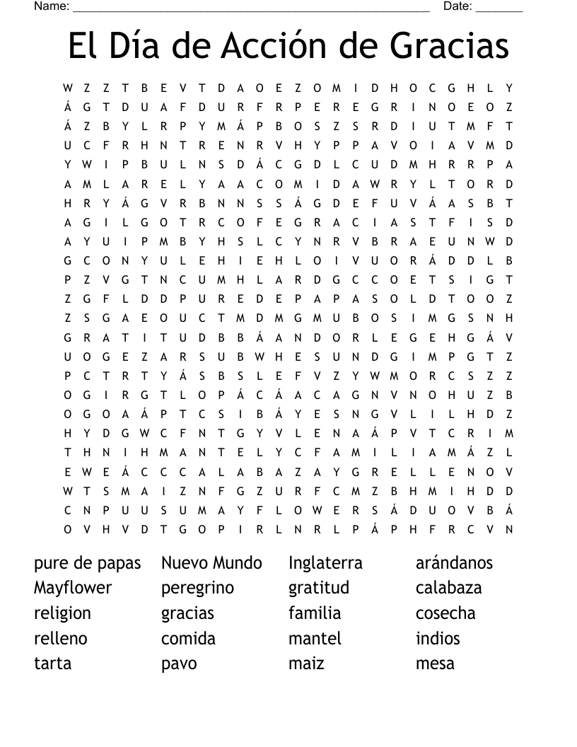 El Dia De Accion De Gracias Crossword - Wordmint in Spanish Thanksgiving Crossword Puzzle Answers