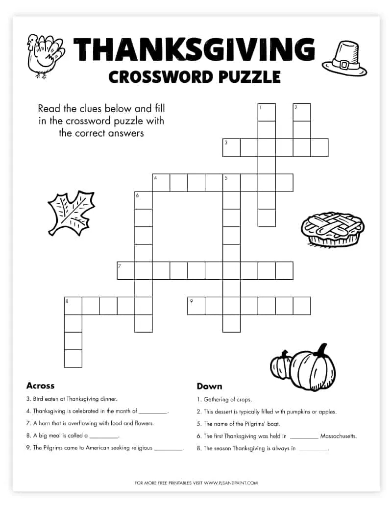 Free Printable Thanksgiving Crossword Puzzle - Pjs And Paint for Thanksgiving Crossword Puzzles to Print