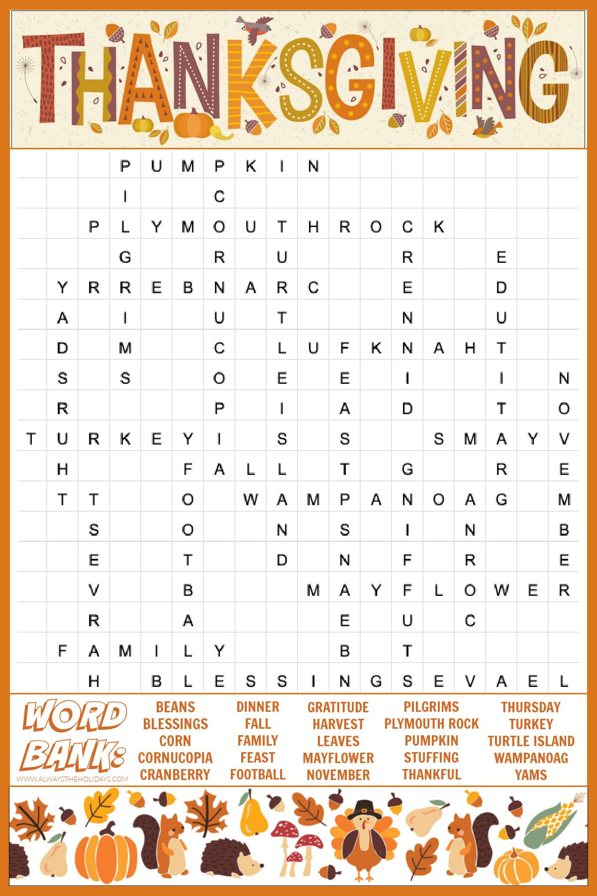 Free Thanksgiving Word Search Printable - With Answers Included for Thanksgiving Puzzle Answers