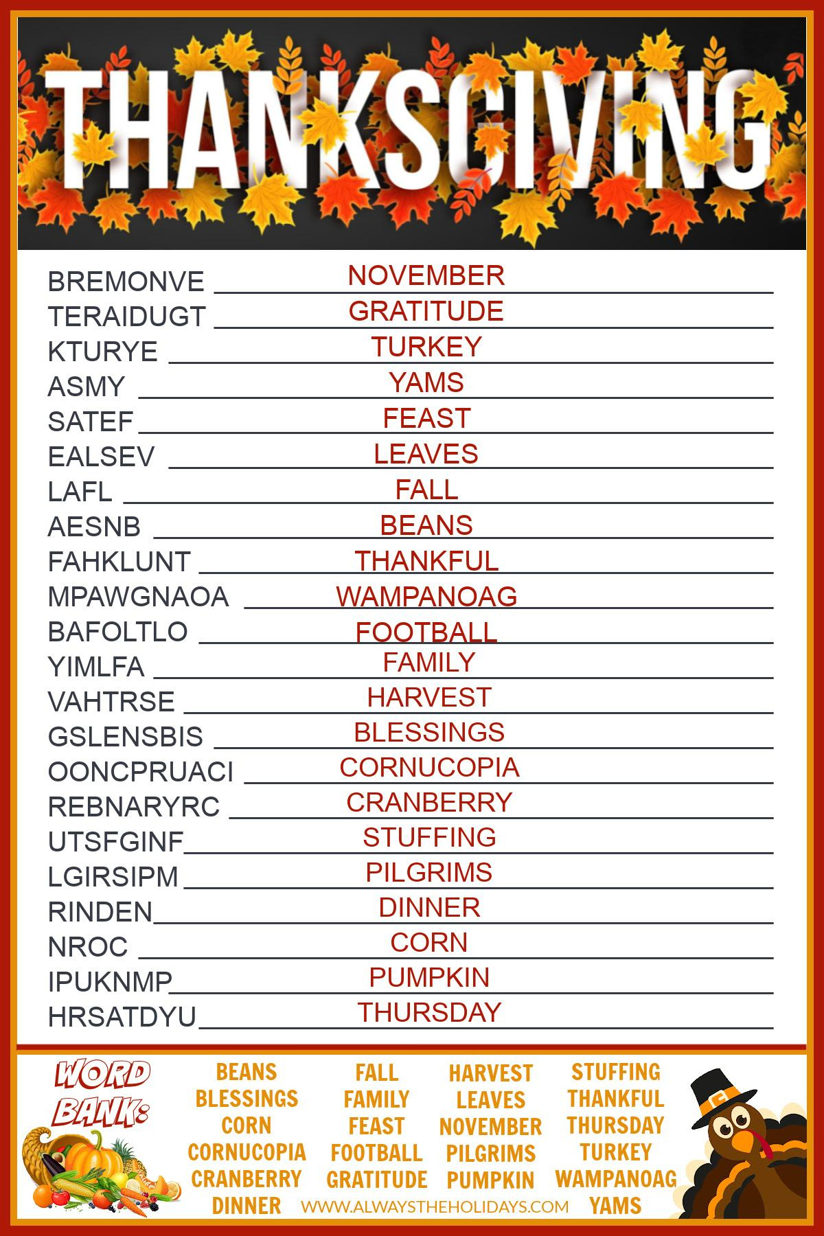 Get A Free Printable Thanksgiving Word Scramble With Answers throughout Puzzles to Print Thanksgiving Word Scramble Answers