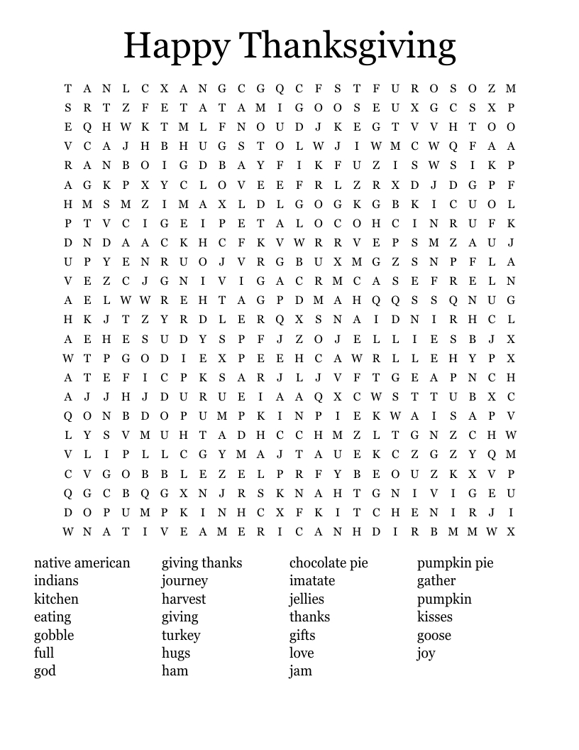 Happy Thanksgiving Word Search - Wordmint inside Happy Thanksgiving Crossword Puzzles Answers