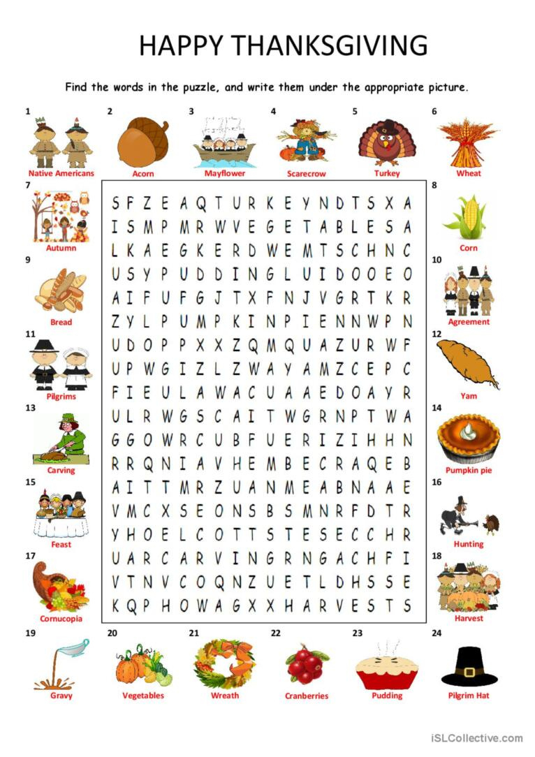 Happy Thanksgiving - Wordsearch Puzz…: English Esl Worksheets Pdf in Happy Thanksgiving Puzzle
