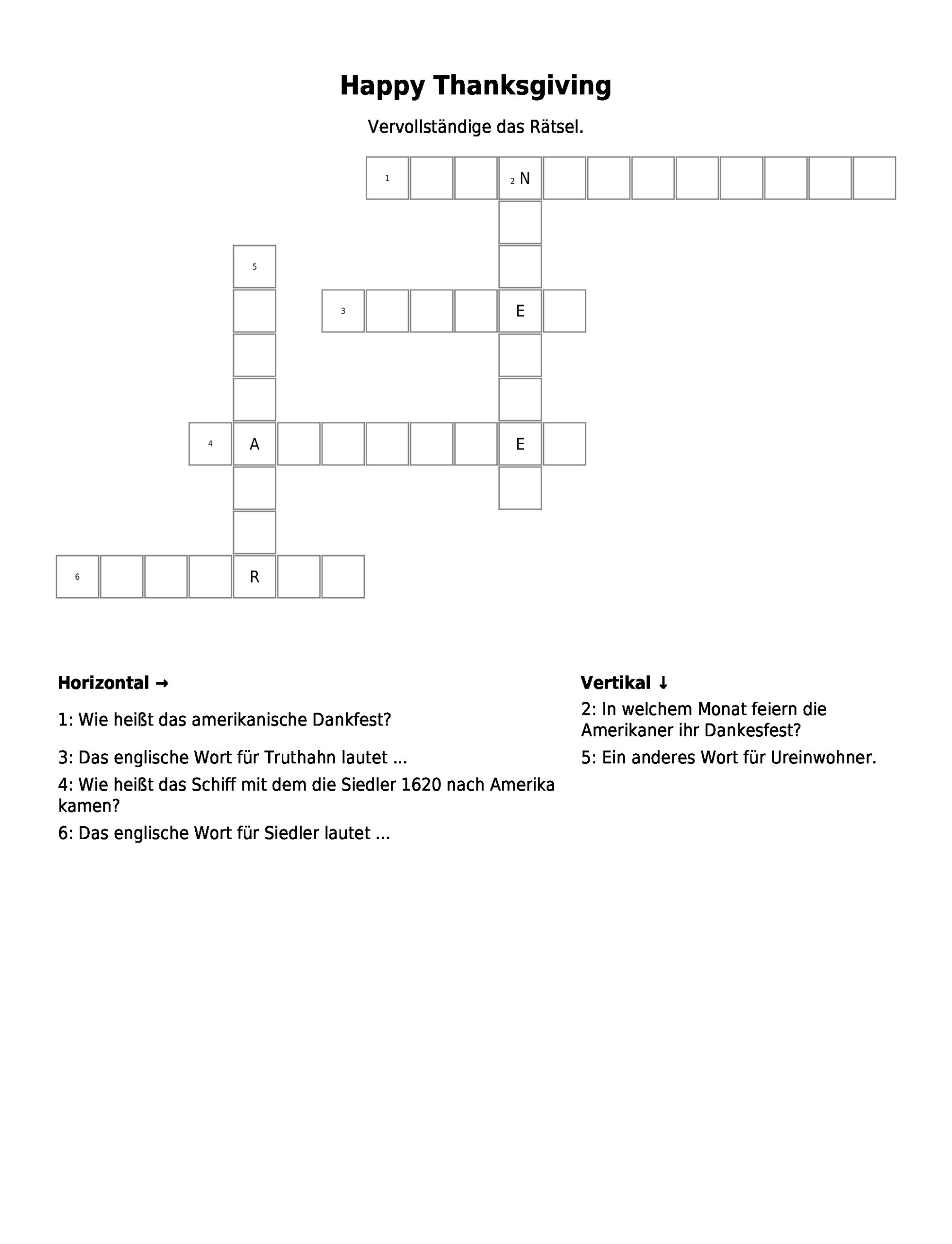 Kreuzworträtsel &amp;quot;Happy Thanksgiving&amp;quot; Als Pdf (Arbeitsblatt regarding Happy Thanksgiving Crossword Puzzle Answers