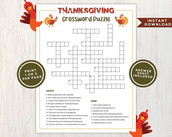 Thanksgiving Crossword Puzzle For Kids