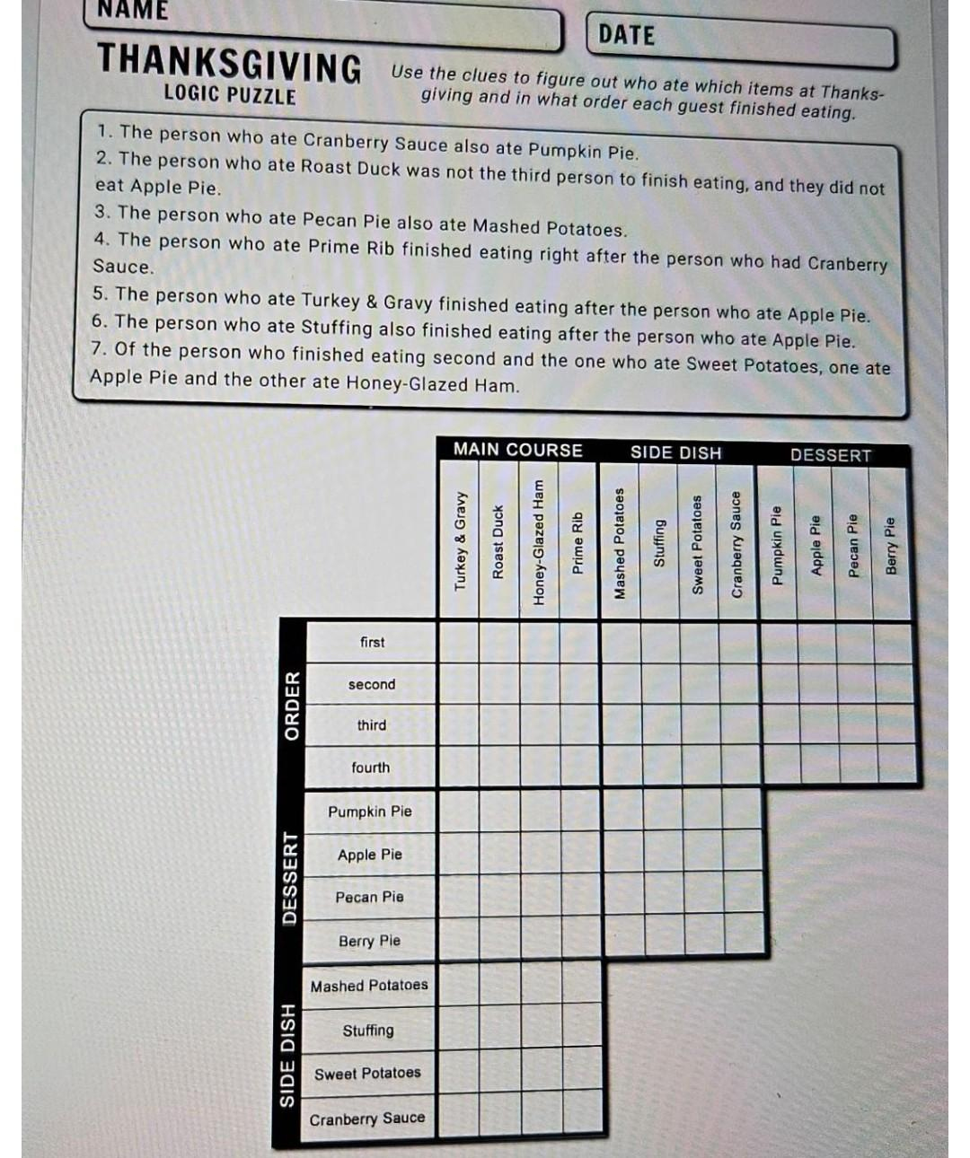 Solved Thanksgiving Logic Puzzle Use The Clues To Figure Out in Thanksgiving Logic Puzzle Answer Key