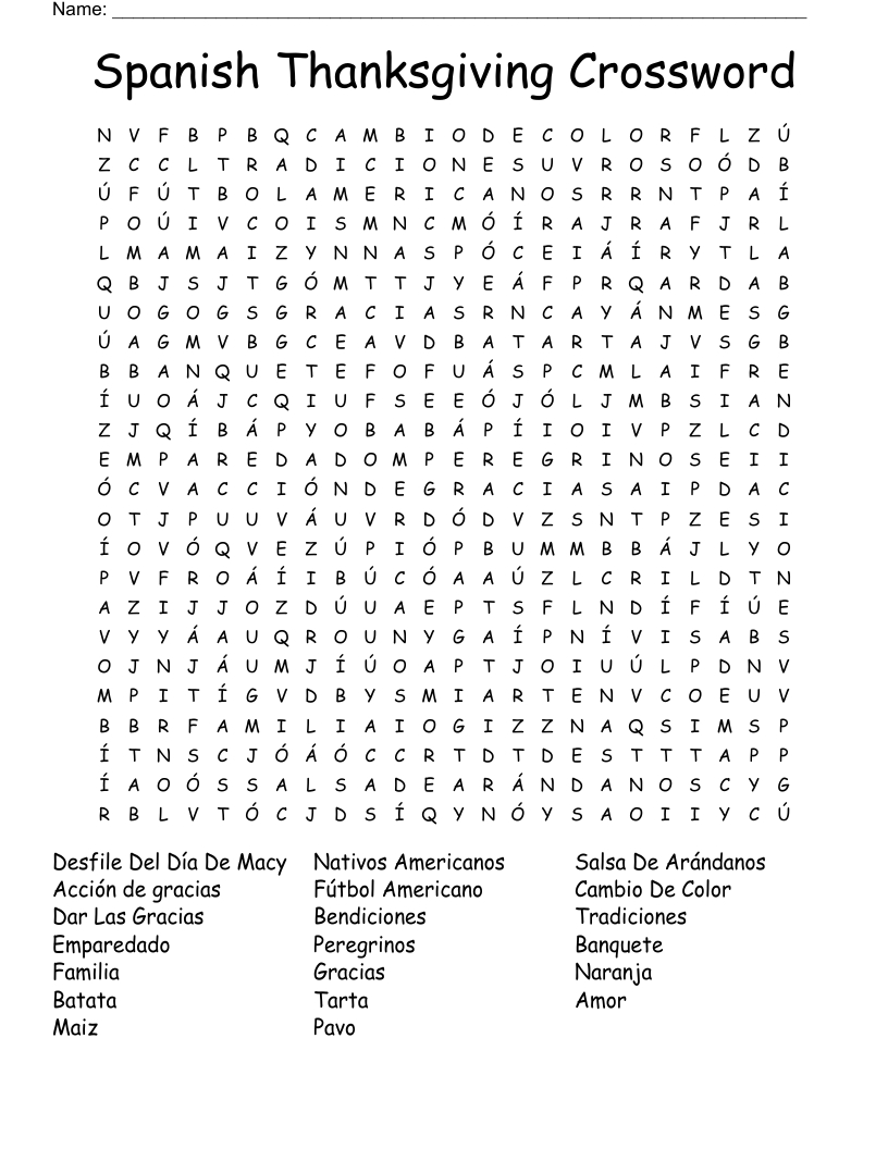 Spanish Thanksgiving Crossword Word Search - Wordmint in Spanish Thanksgiving Crossword Puzzle Answers