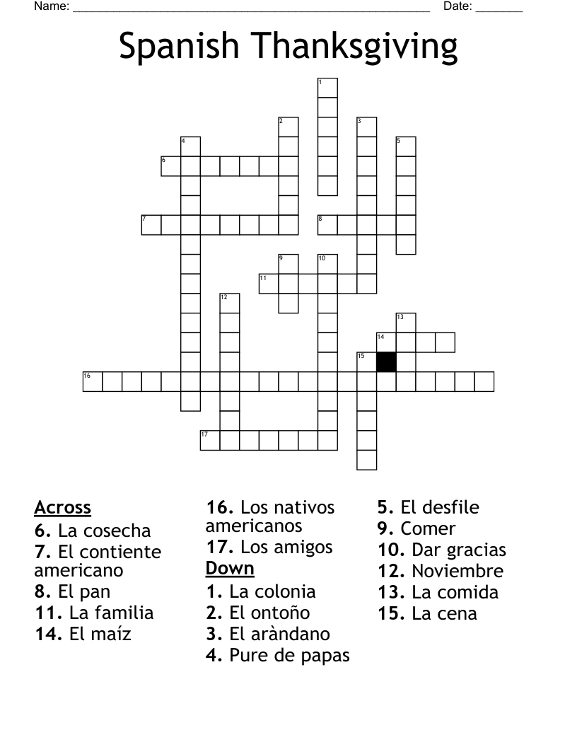 Spanish Thanksgiving Crossword - Wordmint inside Spanish Thanksgiving Crossword Puzzle