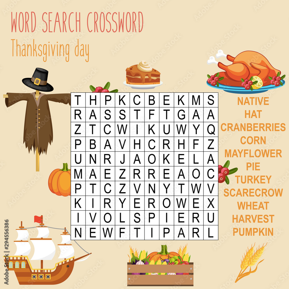 Stock-Vektorgrafik „Easy Word Search Crossword Puzzle regarding Thanksgiving Day Puzzle