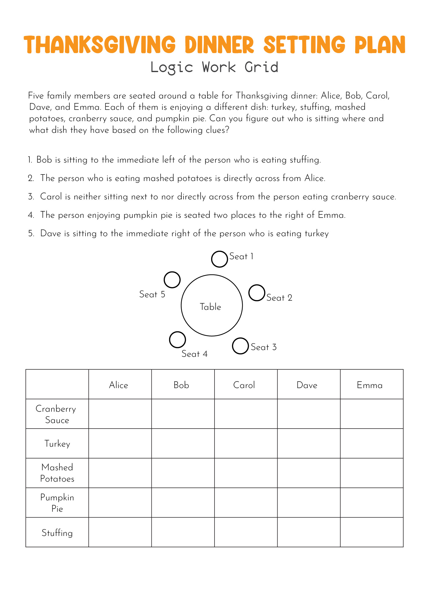 Thanksgiving Brain Teasers - 14 Free Pdf Printables | Printablee with regard to Thanksgiving Dinner Logic Grid Puzzle