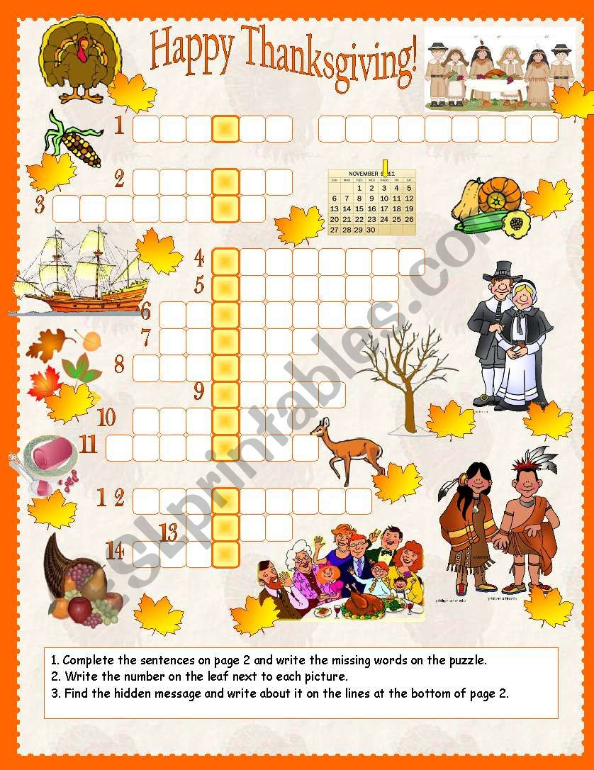 Thanksgiving Crossword - Esl Worksheetanna P pertaining to Happy Thanksgiving Crossword Puzzle Answers