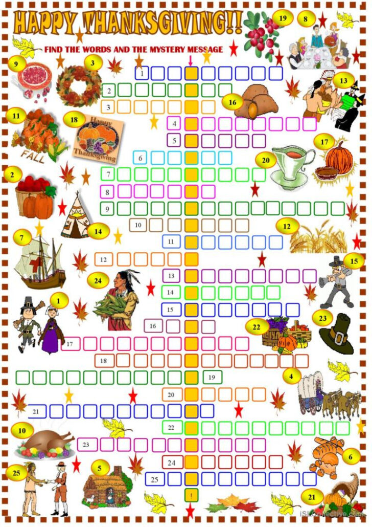 Thanksgiving Crossword Puzzle Worksheet