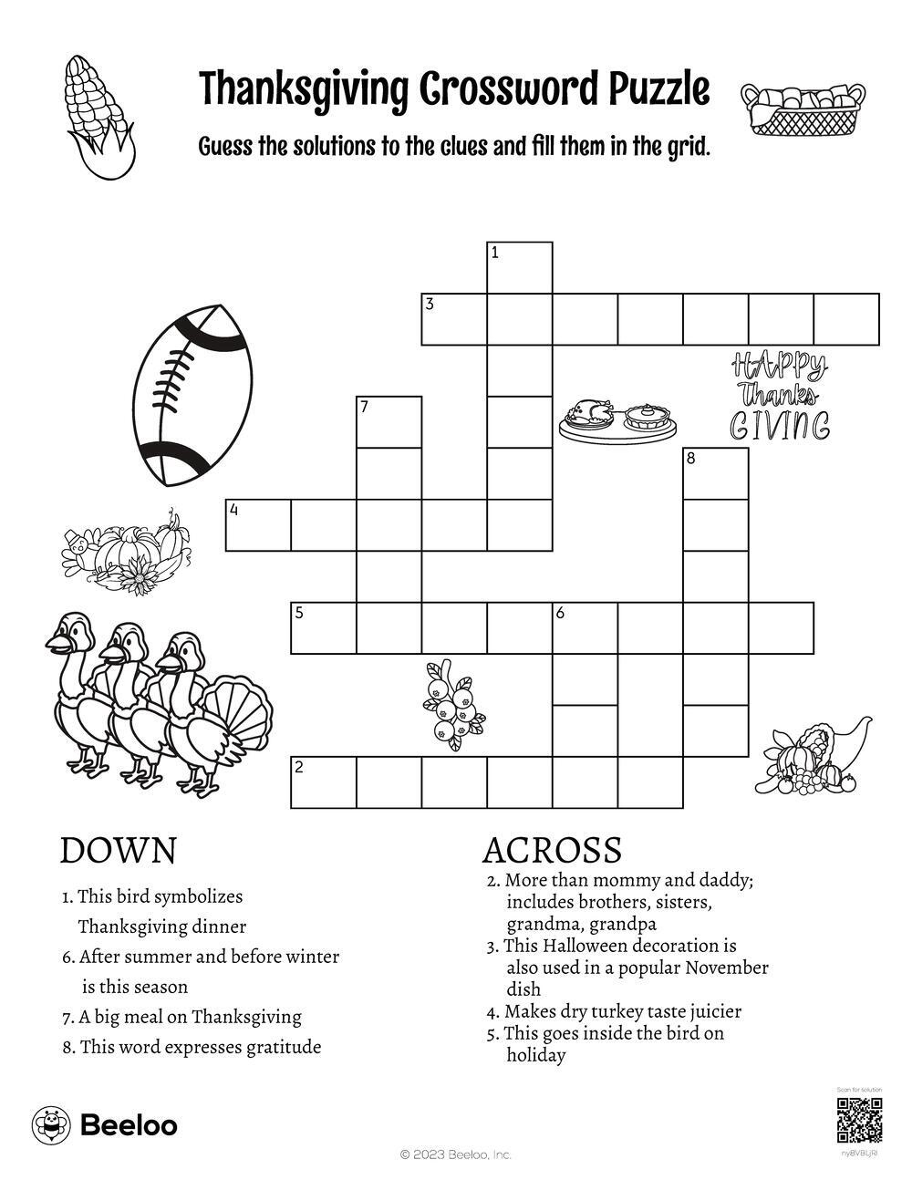 Thanksgiving Crossword Puzzle • Beeloo Printable Crafts And throughout Happy Thanksgiving Crossword Puzzles