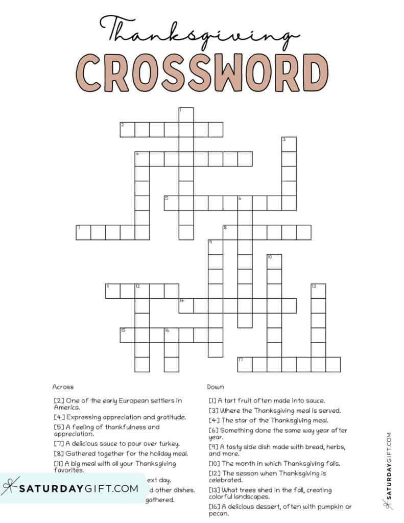 Thanksgiving Crossword Puzzle - Cute &amp;amp; Free Printable | Saturdaygift in Free Thanksgiving Crossword Puzzles For Adults