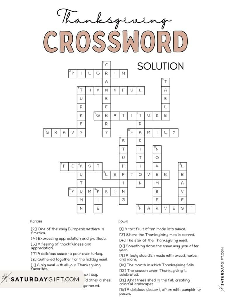 Thanksgiving Crossword Puzzle - Cute &amp;amp; Free Printable | Saturdaygift pertaining to Answers to Thanksgiving Crossword Puzzle