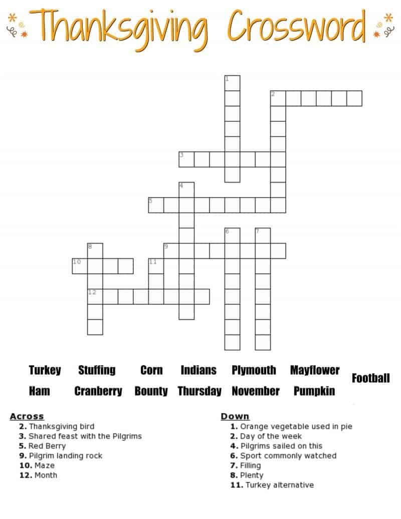Thanksgiving Crossword Puzzle Free Printable For Kids Or Adults inside Thanksgiving Crossword Puzzle With Word Bank