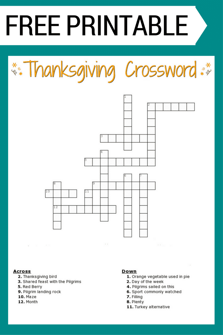 Thanksgiving Crossword Puzzle Free Printable For Kids Or Adults intended for Thanksgiving Crossword Puzzles For Adults Printable