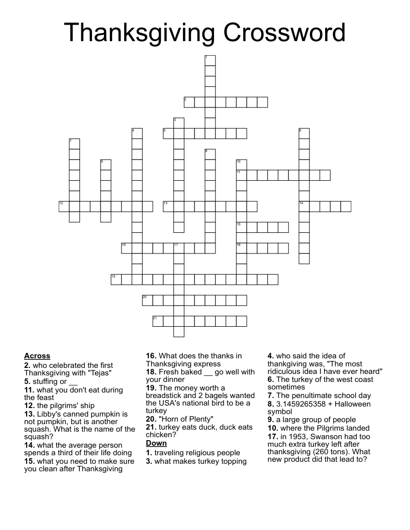 Thanksgiving Crossword - Wordmint with Answer Key Thanksgiving Crossword Puzzle Answers