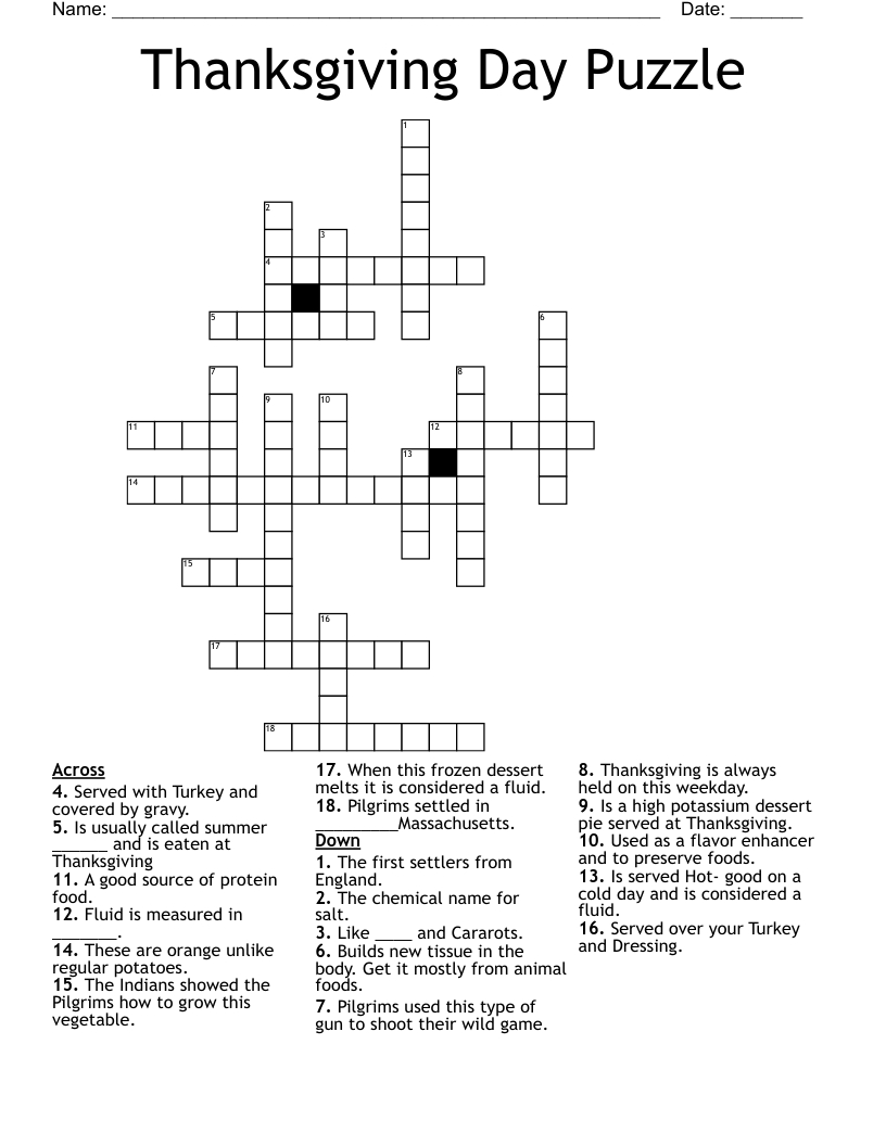 Thanksgiving Day Puzzle Crossword - Wordmint inside Thanksgiving Cross Number Puzzle Answers