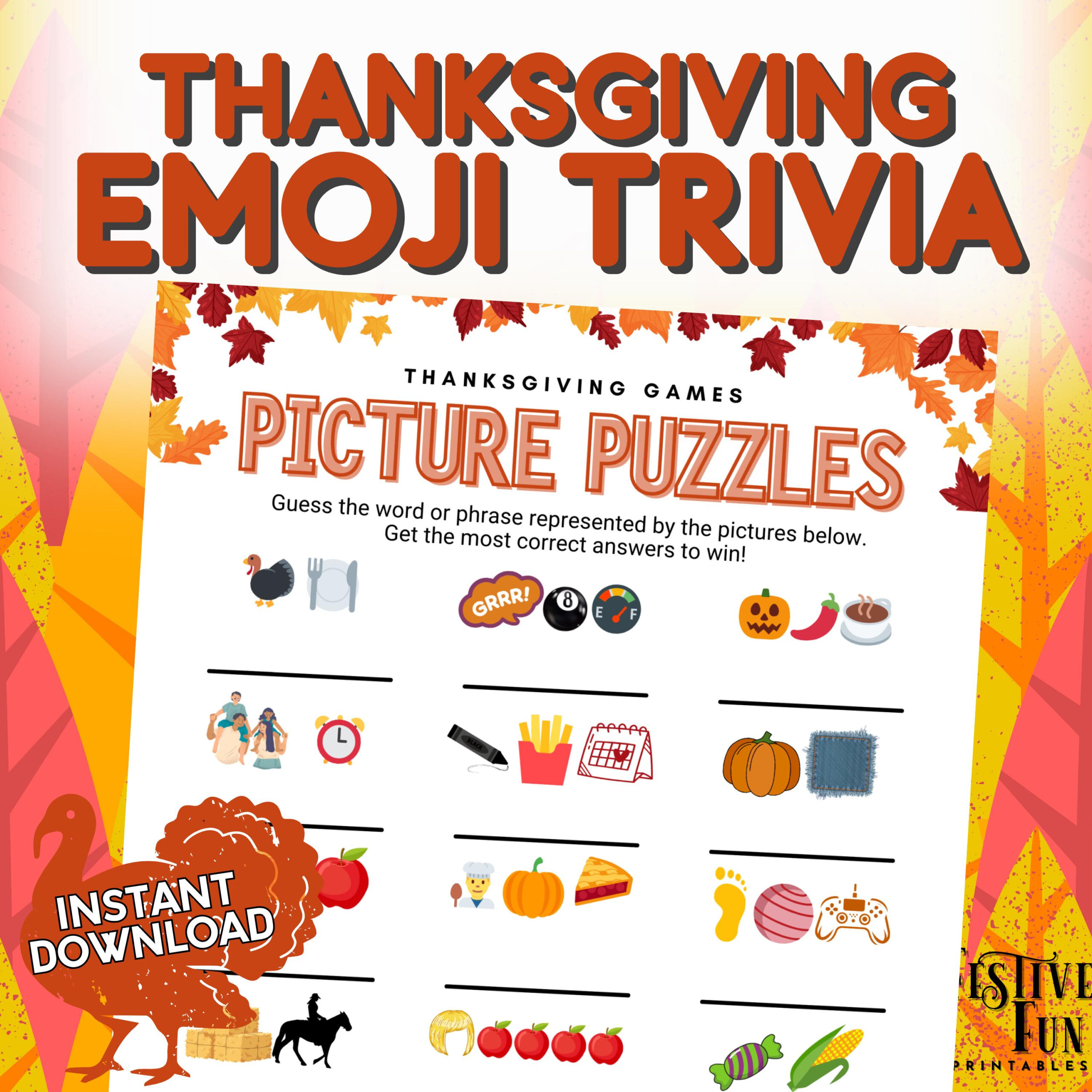 Thanksgiving Emoji Trivia Picture Puzzles, Fun Easy Friendsgiving with Thanksgiving Games And Puzzles