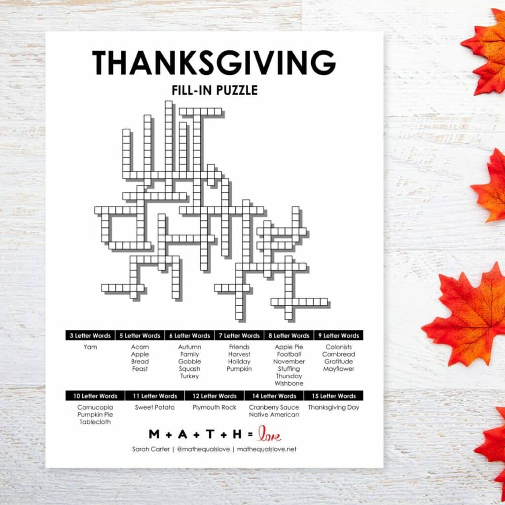 Thanksgiving Fill-In Word Puzzle | Math = Love regarding Thanksgiving And Algebra Crossword Puzzle Answers