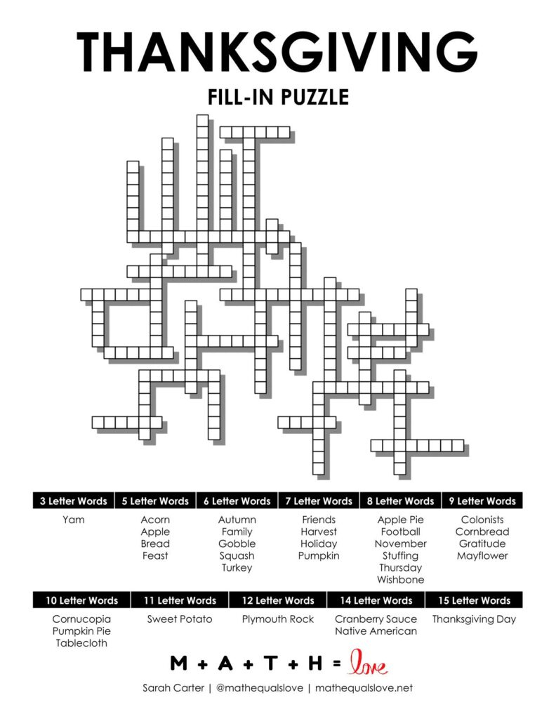 Thanksgiving Fill-In Word Puzzle | Math = Love throughout Thanksgiving and Algebra Crossword Puzzle Answers