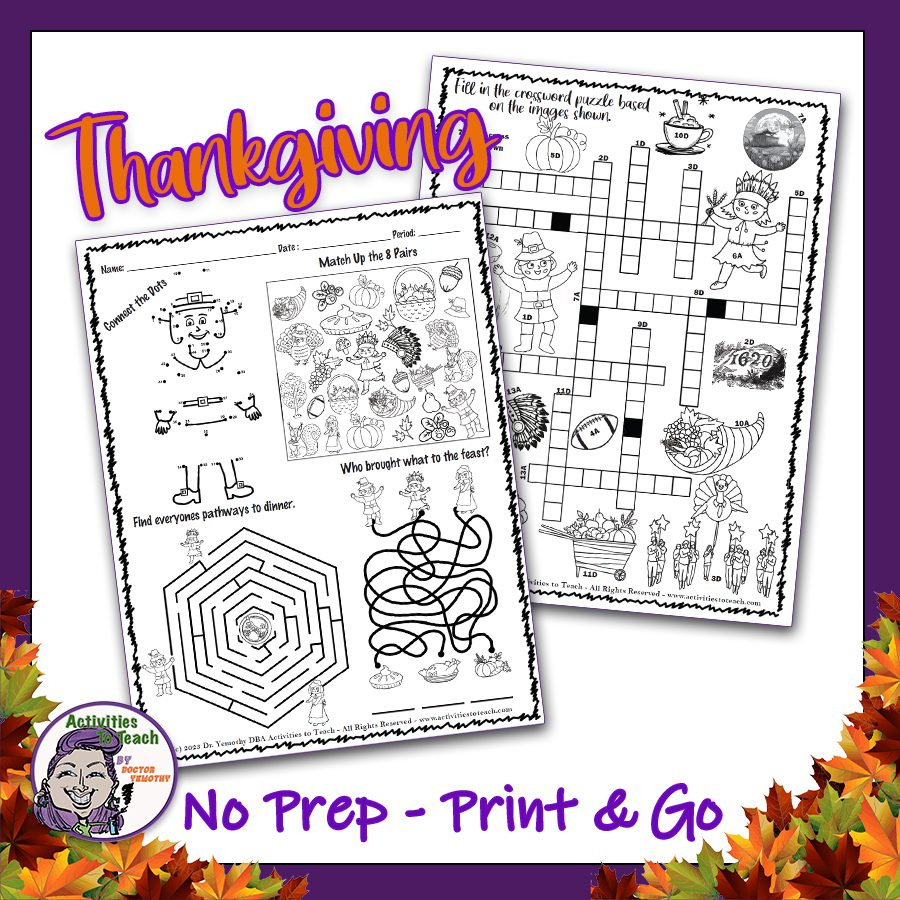 Thanksgiving Fun Activity Puzzle Worksearch Crossword Maze Worksheet Packet inside Thanksgiving Element Puzzle