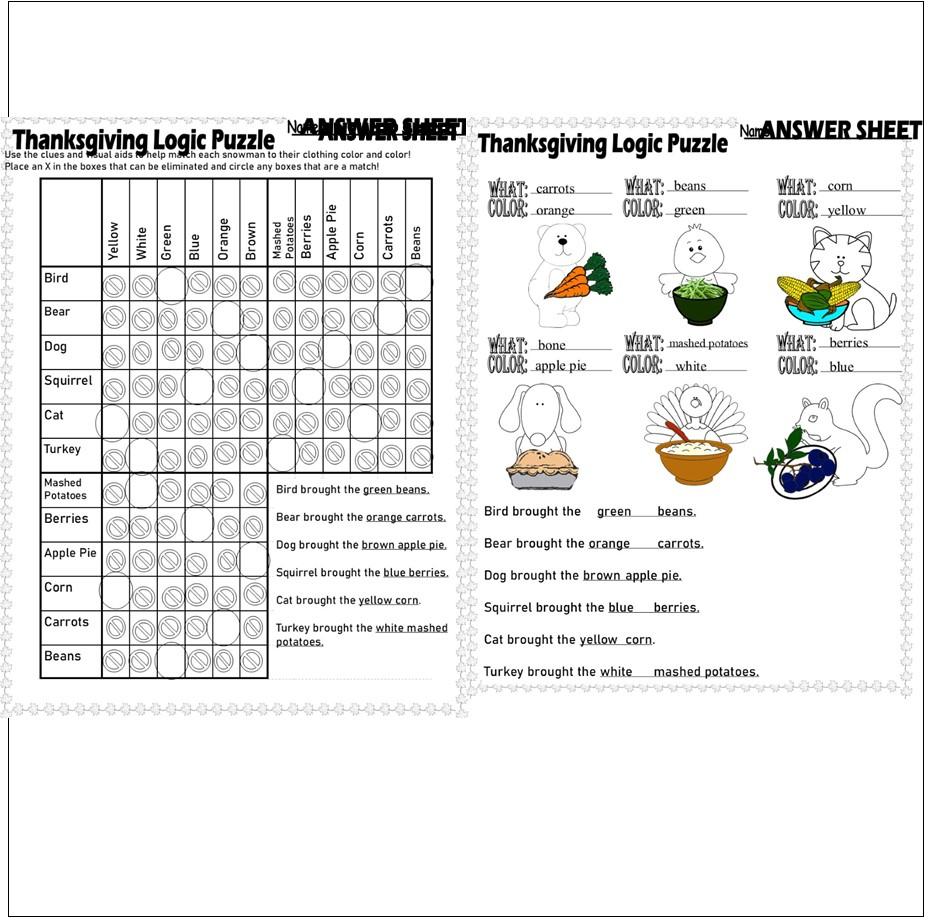Thanksgiving Logic Puzzle Critical Thinking Skills Graph Visuals within Thanksgiving Logic Puzzle Printables
