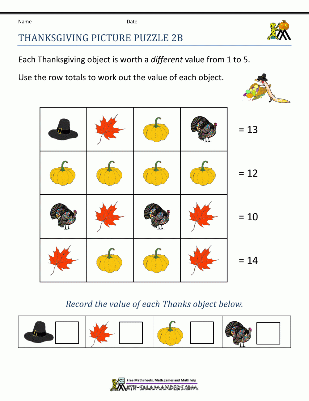 Thanksgiving Math Worksheets 2Nd Grade pertaining to Thanksgiving Algebra Puzzles