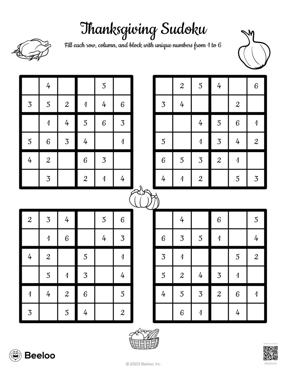 Thanksgiving Sudoku • Beeloo Printable Crafts And Activities For Kids throughout Thanksgiving Sudoku Puzzle