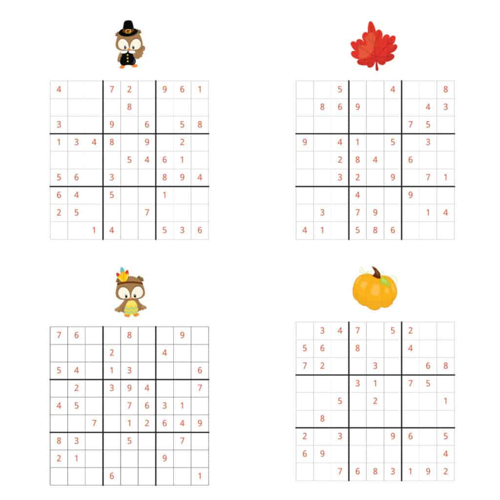 Thanksgiving Sudoku - {Free Printable} - Kids Activity Zone within Thanksgiving Sudoku Puzzle Answers