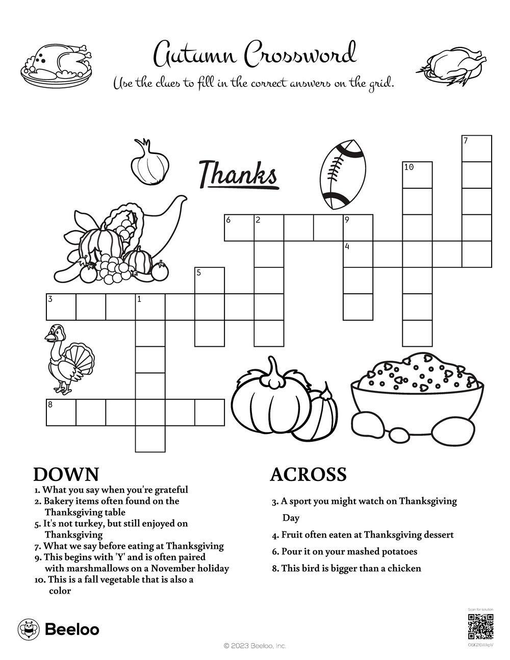 Thanksgiving-Themed Crossword Puzzles • Beeloo Printable Crafts pertaining to Thanksgiving Themed Crossword Puzzle
