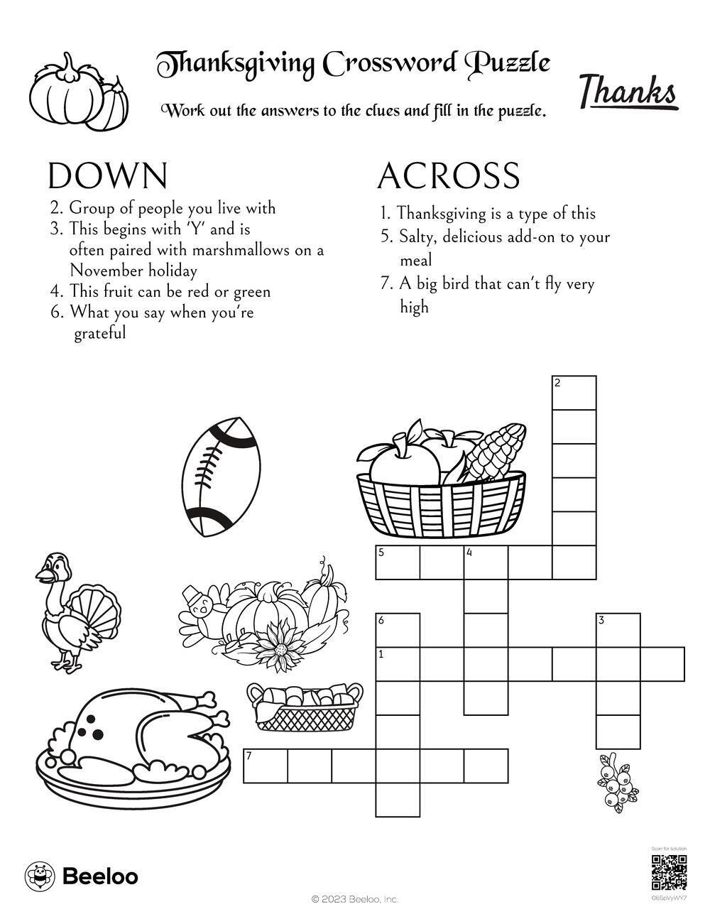 Thanksgiving-Themed Crossword Puzzles • Beeloo Printable Crafts with Puzzles To Print Thanksgiving Crossword