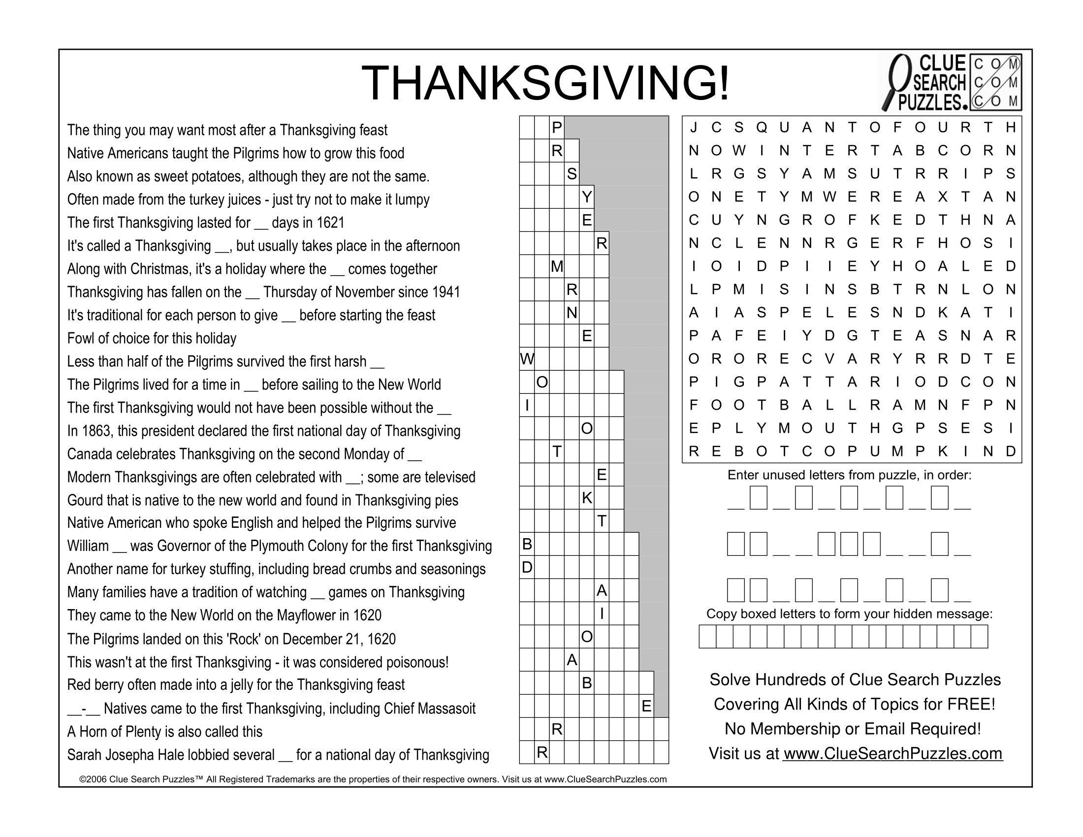 Thanksgiving Trivia Quiz in Thanksgiving Clue Search Puzzle Answer Key