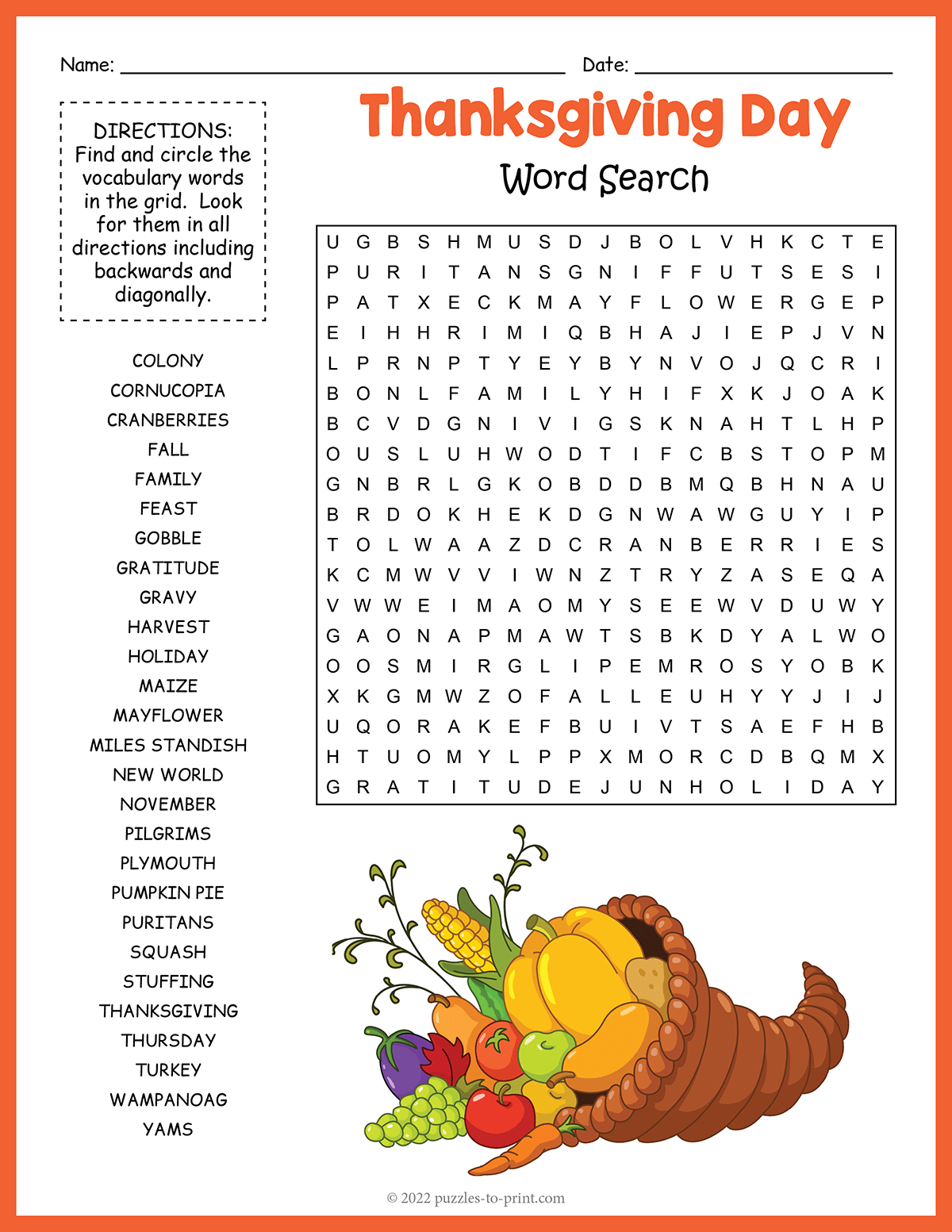 Thanksgiving Word Search in Thanksgiving Printable Puzzles